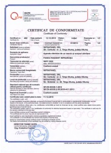 Certificat de conformitate panouri radiante InfraPanel