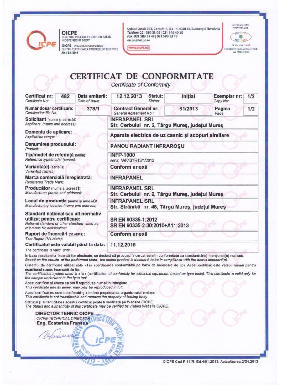 Certificat de conformitate panouri radiante InfraPanel